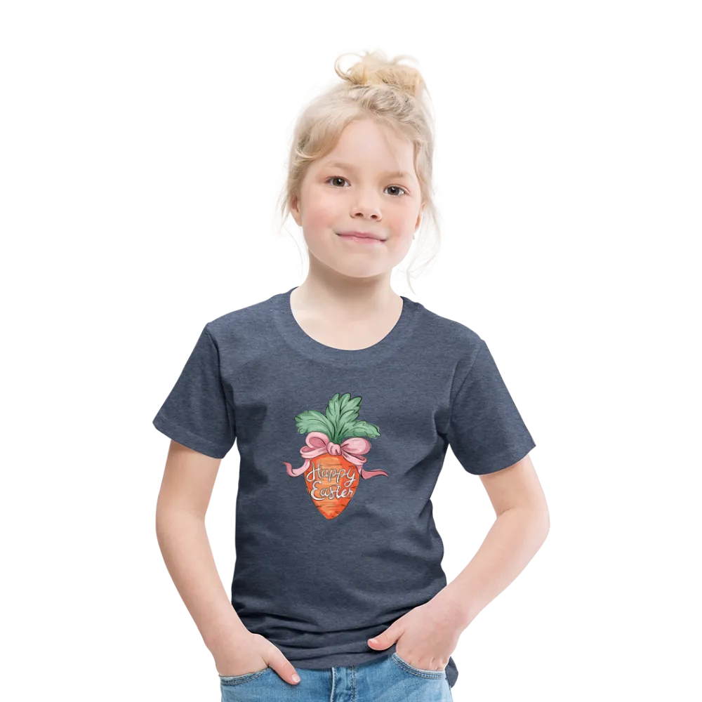 Personalisiertes Frohe Ostern Kinder T-Shirt mit Karotte, Masche und Spruch "Happy Easter" - cooles Mädchen Ostershirt - Motiv, Produkt, Text und eigene Bilder easy anpassbar - in vielen Farben und Größen (bis Größe 140 bzw. 8 Jahre) -