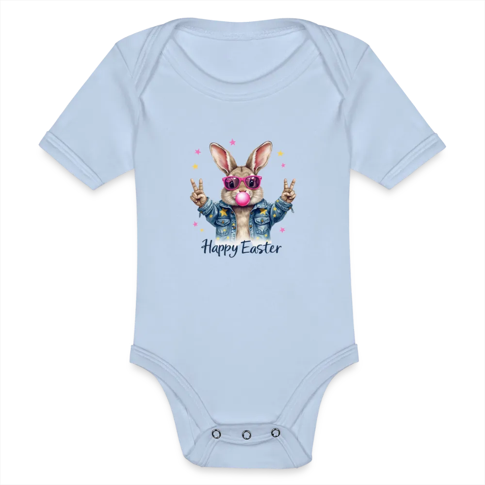 Personalisierter Baby Bio-Kurzarm-Body für Mädchen und Jungen mit Osterhasen, Kaugummi und Sterne sowie "Happy Easter" - Babybody für Ostern - in vielen Farben und Größen - Motiv und Text individualisierbar -