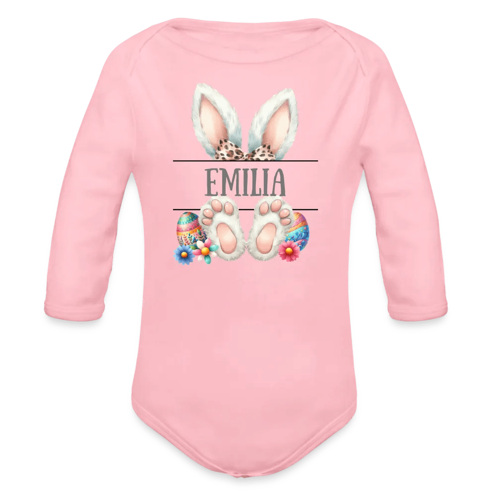 happy-prints.eu - Personalisierter Baby Bio-Langarm-Body für Ostern - Frohe Ostern Body mit Osterhasen Ohren, Ostereier und Name - niedlicher Print für Mädchen - Name, Motiv und Produkt sind leicht änderbar - in vielen Farben und Größen bis Größe 80 bzw. 12 Monate