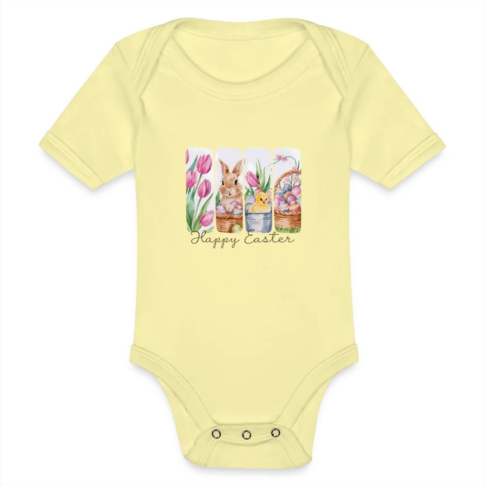 happy-prints.eu - Personalisierter Baby Bio-Kurzarm-Body für Mädchen mit Osterhasen, Kücken, Tulpen und Ostereier - Babybody für Ostern - in vielen Farben und Größen - Motiv und Text individualisierbar