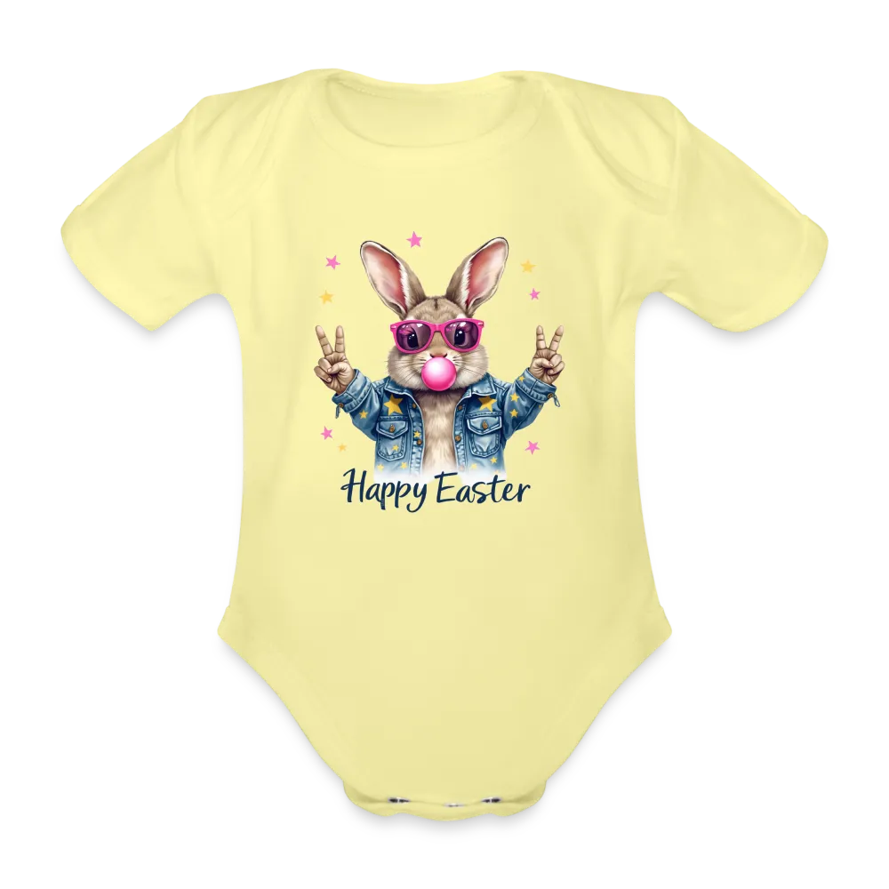 Personalisierter Baby Bio-Kurzarm-Body für Mädchen und Jungen mit Osterhasen, Kaugummi und Sterne sowie "Happy Easter" - Babybody für Ostern - in vielen Farben und Größen - Motiv und Text individualisierbar - Hellgelb