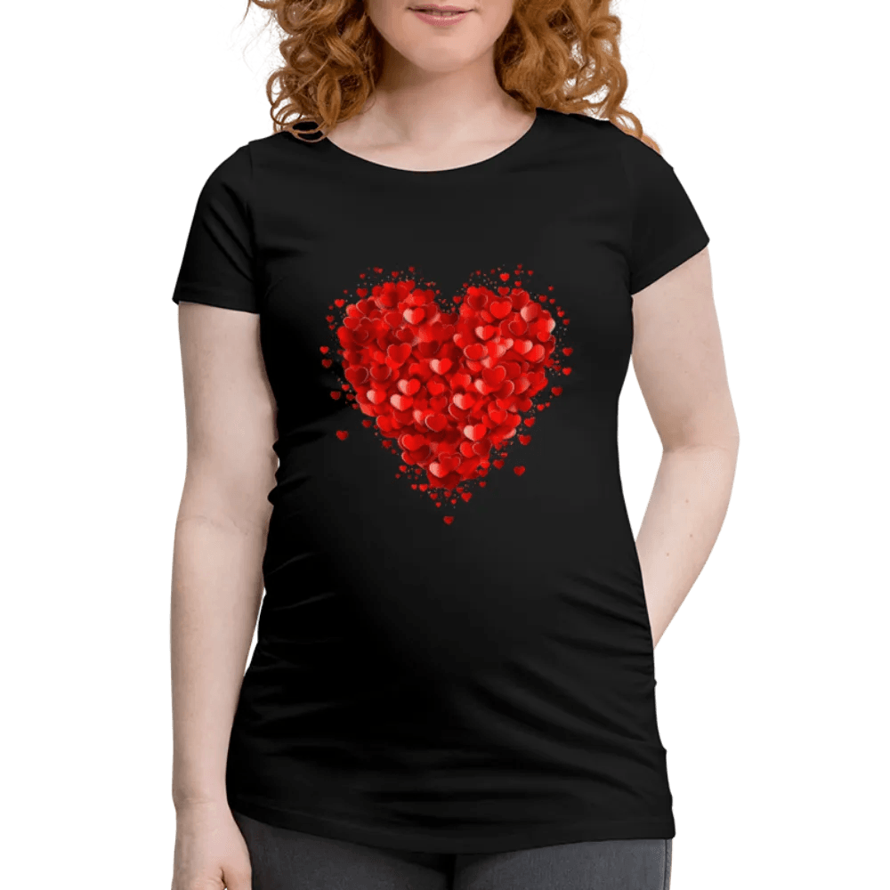 happy-prints.eu - Personalisiertes weißes Schwangerschafts-T-Shirt mit großem roten Herz - Print Motiv und Text änderbar - Damen Shirt zum Valentinstag - auch in großen Größen