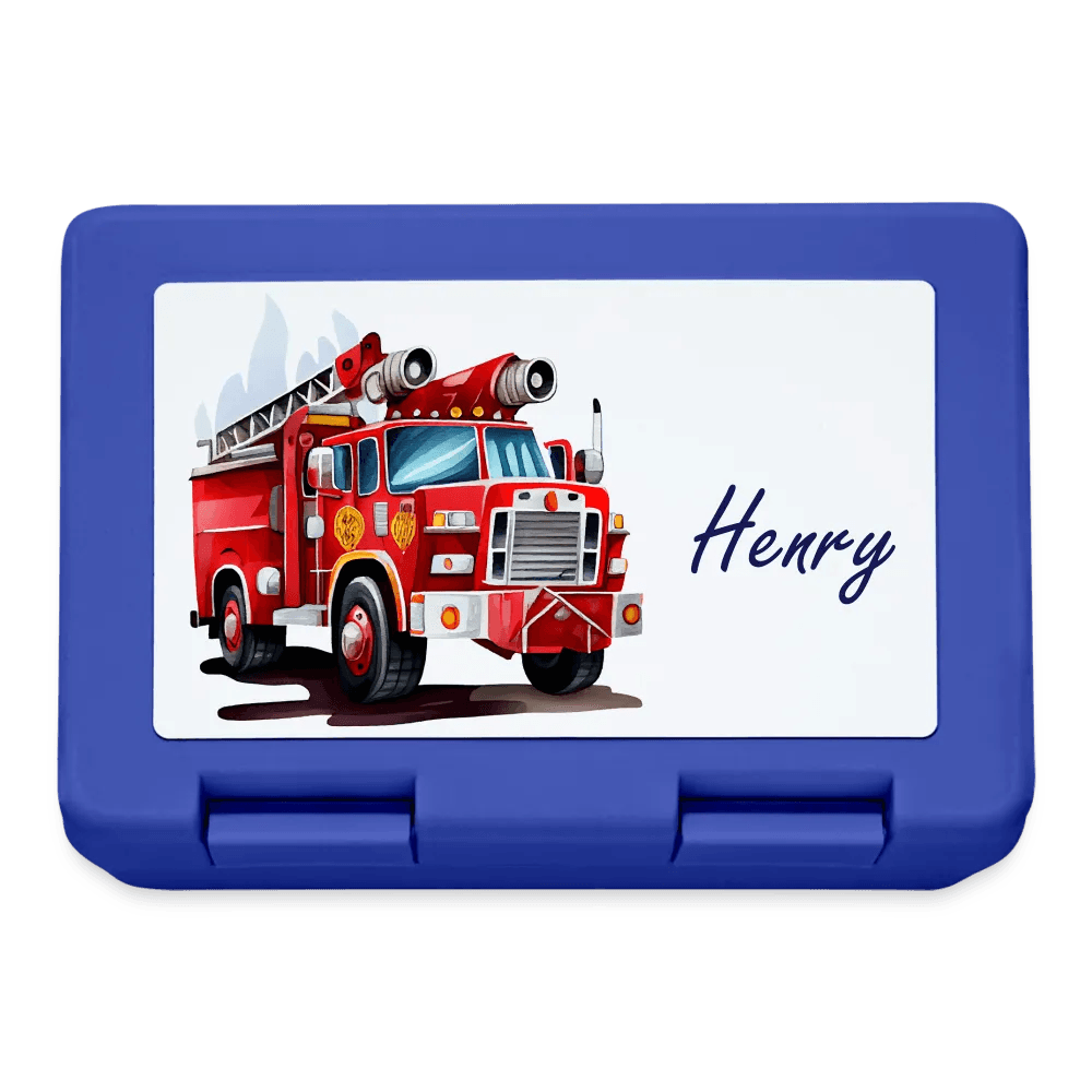 happy-prints.eu - Personalisierte Brotdose mit Namen und Feuerwehr Fahrzeuge in blau - coole Jausendose mit personalisierbarem Motiv - Name und Motiv kann geändert werden - in verschiedenen Farben