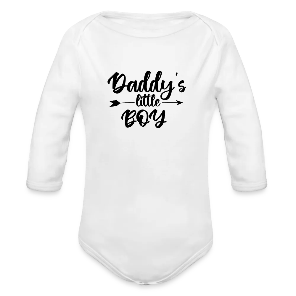 Personalisierter Jungen Baby Bio-Langarm-Body mit Spruch "Daddys little Boy" - 100% Bio Baumwolle - bis Größe 80 bzw. 12 Monate - in vielen Farben und Größen - Bild, Motiv und Text sind individualisierbar - Weiß
