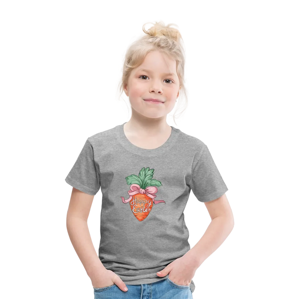 Personalisiertes Frohe Ostern Kinder T-Shirt mit Karotte, Masche und Spruch "Happy Easter" - cooles Mädchen Ostershirt - Motiv, Produkt, Text und eigene Bilder easy anpassbar - in vielen Farben und Größen (bis Größe 140 bzw. 8 Jahre) -