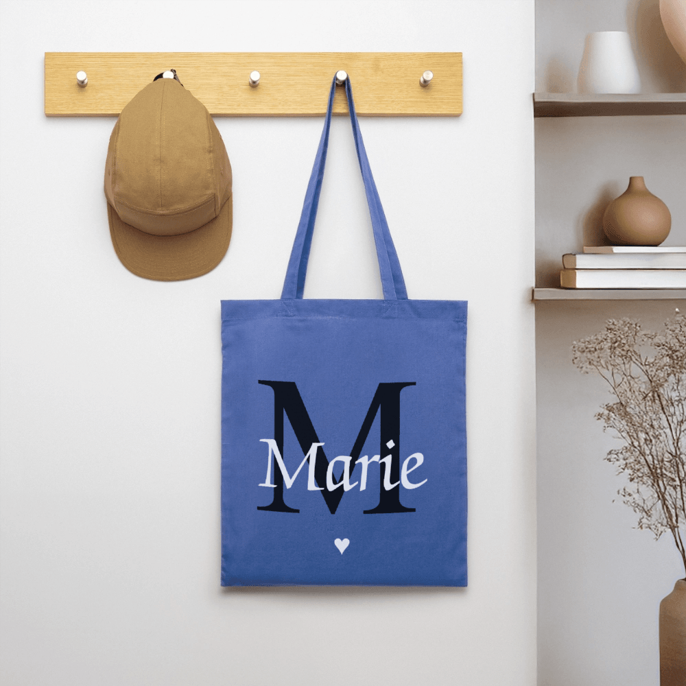 happy-prints.eu - Personalisierte Jute Stofftasche mit Initiale und Name in minimalistischem Design - Produkt, Text und Motiv easy änderbar