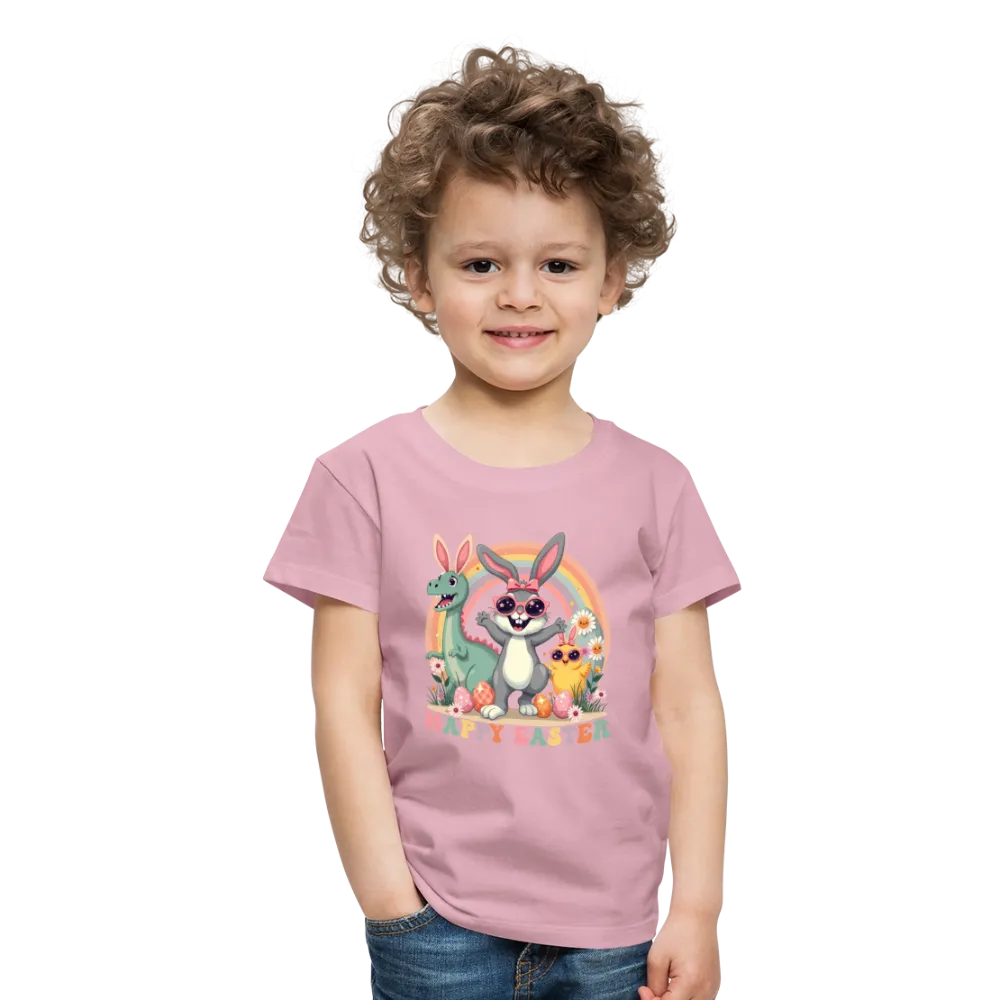 Personalisiertes Retro Frohe Ostern Kinder T-Shirt mit Osterhase Dinosaurier und Küken mit Ostereier und Spruch "Happy Easter" - Motiv, Produkt, Text und eigene Bilder easy anpassbar - viele Farben und Größen (bis Größe 140 bzw. 8 Jahre) -