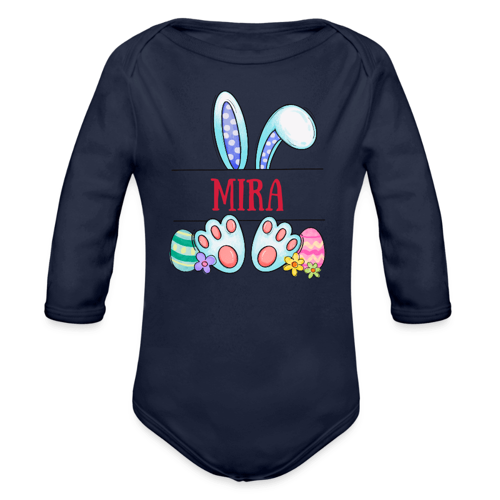 happy-prints.eu - Personalisierter Baby Bio-Langarm-Body für Mädchen - süßer bunter Osterhase Ostereier und Blumen mit Name zum Eintragen