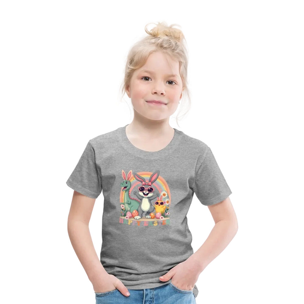 Personalisiertes Retro Frohe Ostern Kinder T-Shirt mit Osterhase Dinosaurier und Küken mit Ostereier und Spruch "Happy Easter" - Motiv, Produkt, Text und eigene Bilder easy anpassbar - viele Farben und Größen (bis Größe 140 bzw. 8 Jahre) -
