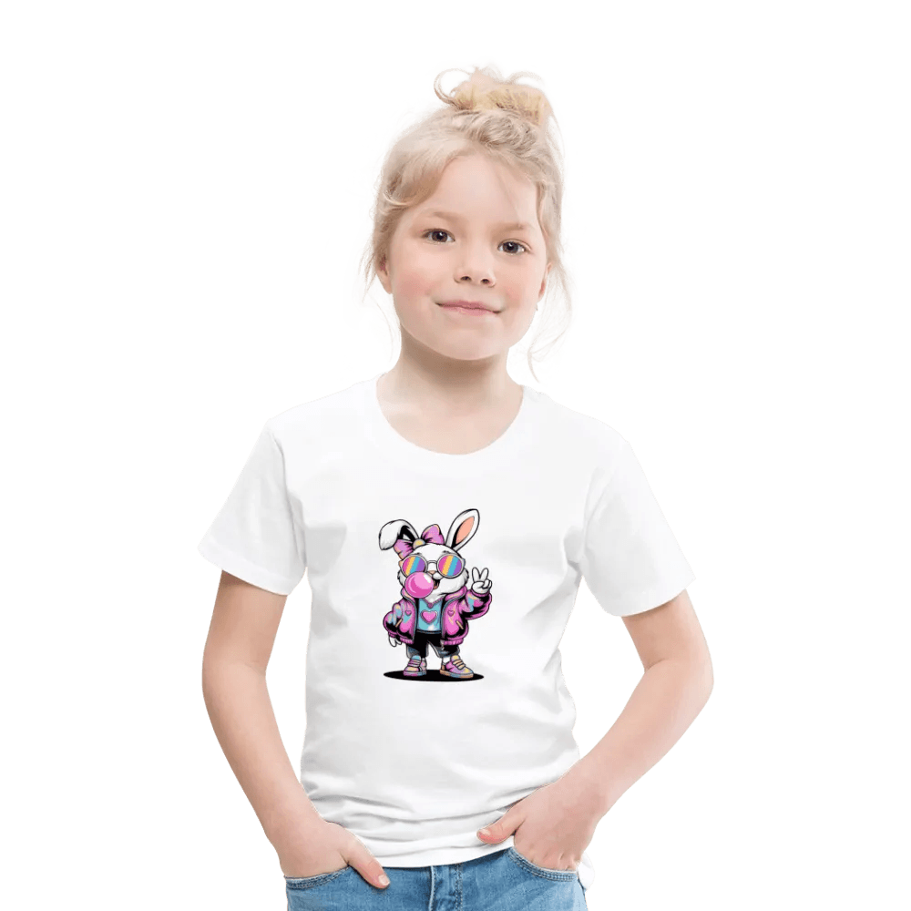 happy-prints.eu - Personalisiertes Frohe Ostern Kinder T-Shirt mit Osterhase mit Sonnenbrille, Masche und Kaugummi - niedlicher Mädchen Bunny - Motiv, Produkt, Text und eigene Bilder easy anpassbar - in vielen Farben und Größen (bis Größe 140 bzw. 8 Jahre)