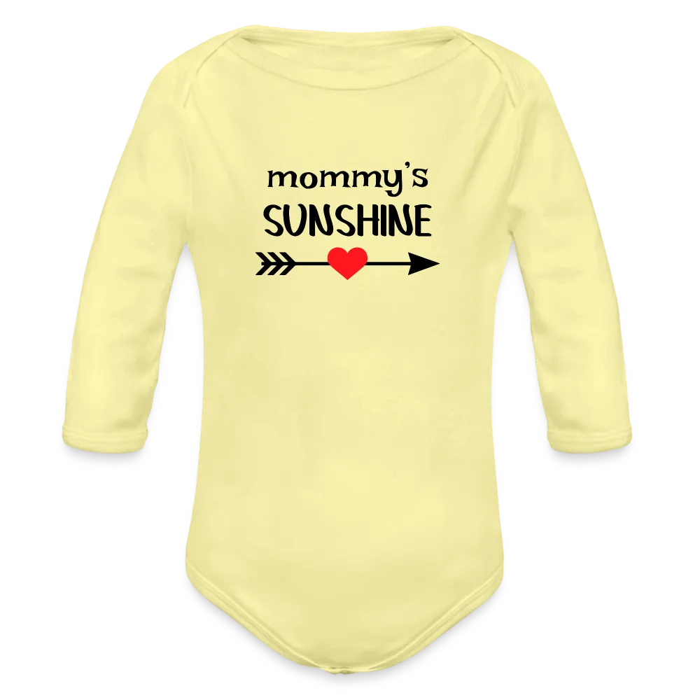 Personalisierter Unisex Baby Bio-Langarm-Body mit Spruch "Mommys sunshine" - 100% Bio Baumwolle - bis Größe 80 bzw. 12 Monate - in vielen Farben und Größen - Bild, Motiv und Text sind individualisierbar - Hellgelb