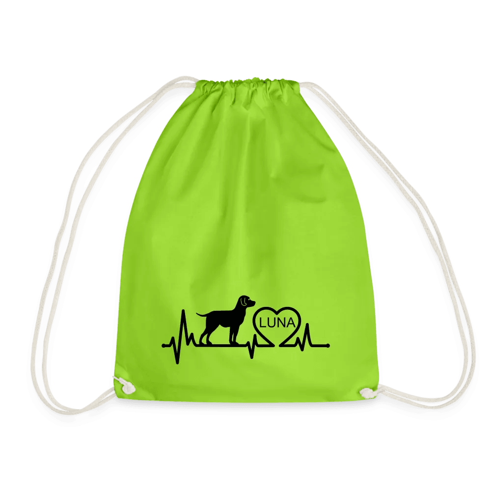 happy-prints.eu - Personalisierter Turnbeutel mit Hund, Herz und Herschschlaglinie - Text, Bild, Motiv und Farbe individualisierbar