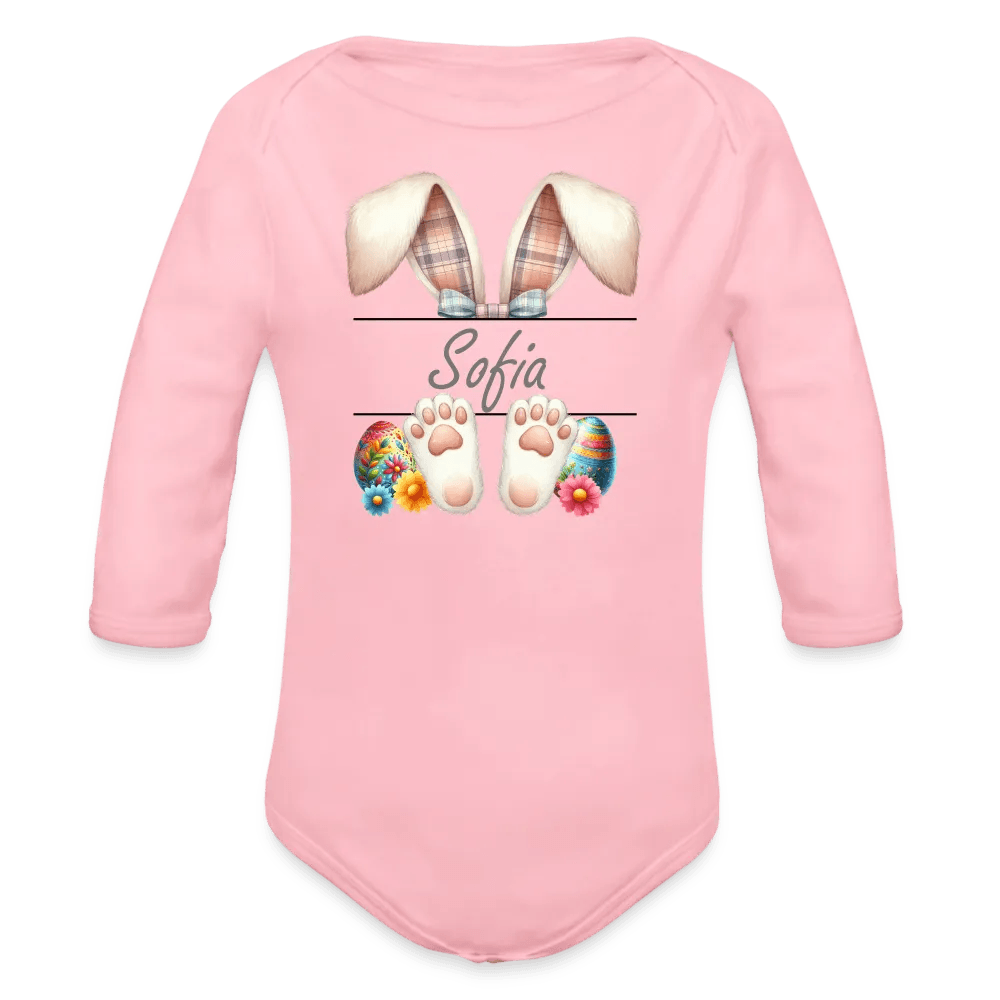 happy-prints.eu - Personalisierter Baby Bio-Langarm-Body für Ostern - Frohe Ostern Body mit Osterhasen Ohren, Ostereier und Name - niedlicher Print für Mädchen - Name, Motiv und Produkt sind leicht änderbar - in vielen Farben und Größen bis Größe 80 bzw. 12 Monate