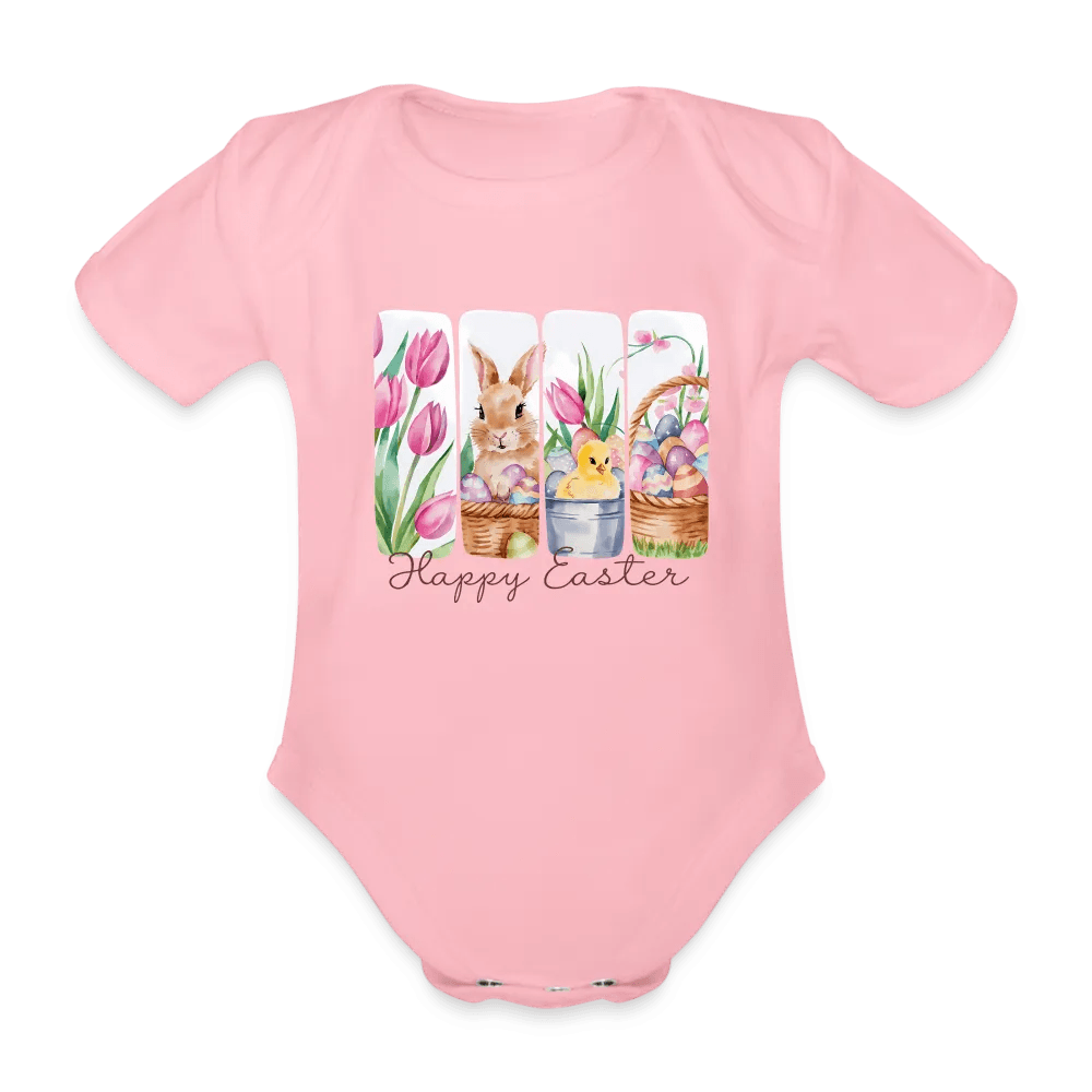 happy-prints.eu - Personalisierter Baby Bio-Kurzarm-Body für Mädchen mit Osterhasen, Kücken, Tulpen und Ostereier - Babybody für Ostern - in vielen Farben und Größen - Motiv und Text individualisierbar