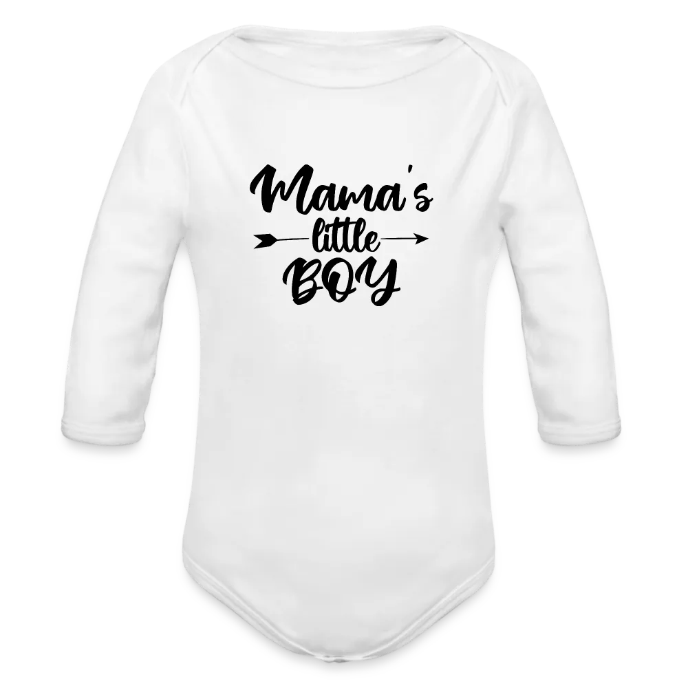 Personalisierter Jungen Baby Bio-Langarm-Body mit Spruch "Mamas little Boy" - 100% Bio Baumwolle - bis Größe 80 bzw. 12 Monate - in vielen Farben und Größen - Bild, Motiv und Text sind individualisierbar - Weiß
