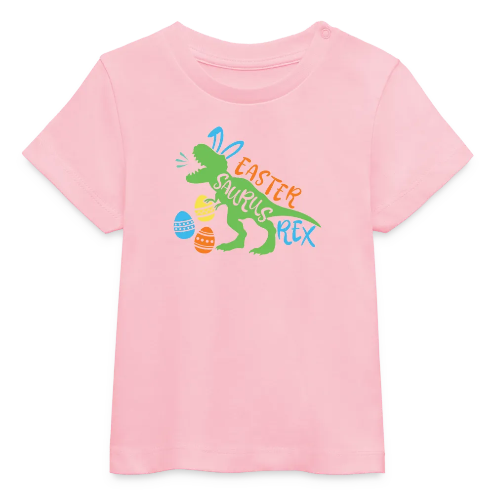 Baby Bio-T-Shirt mit Dinosaurier, Ostereier und Osterhasen Ohren - Jungen Shirt für Ostern mit Spruch "Easter Saurus Rex" - Motiv, Text, Farbe und Produkt einfach änderbar - Hellrosa