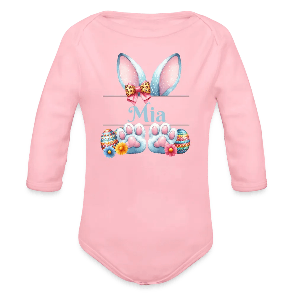 happy-prints.eu - Personalisierter Baby Bio-Langarm-Body für Ostern - Frohe Ostern Body mit Osterhasen Ohren, Ostereier und Name - niedlicher Print für Mädchen - Name, Motiv und Produkt sind leicht änderbar - in vielen Farben und Größen bis Größe 80 bzw. 12 Monate