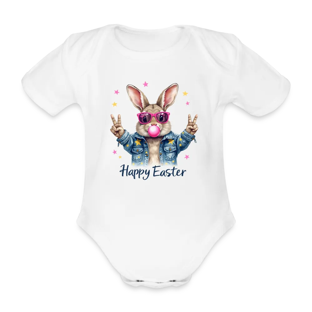 Personalisierter Baby Bio-Kurzarm-Body für Mädchen und Jungen mit Osterhasen, Kaugummi und Sterne sowie "Happy Easter" - Babybody für Ostern - in vielen Farben und Größen - Motiv und Text individualisierbar - Weiß