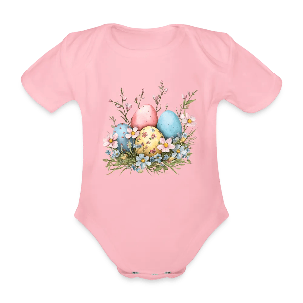 happy-prints.eu - Personalisierter Baby Bio-Kurzarm-Body für Mädchen mit Osternest mit Ostereier und Blumen - Babybody für Ostern - in vielen Farben und Größen - Motiv und Text individualisierbar