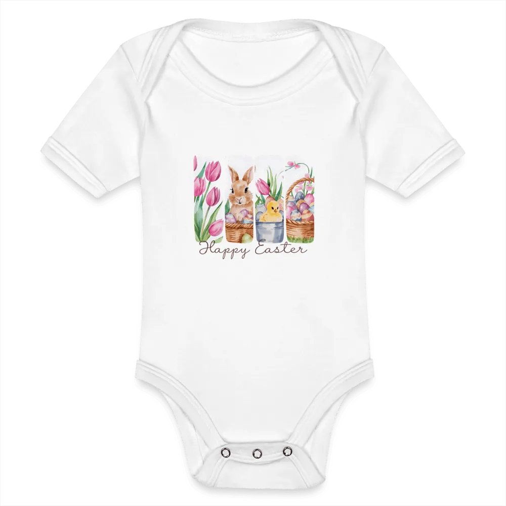 happy-prints.eu - Personalisierter Baby Bio-Kurzarm-Body für Mädchen mit Osterhasen, Kücken, Tulpen und Ostereier - Babybody für Ostern - in vielen Farben und Größen - Motiv und Text individualisierbar