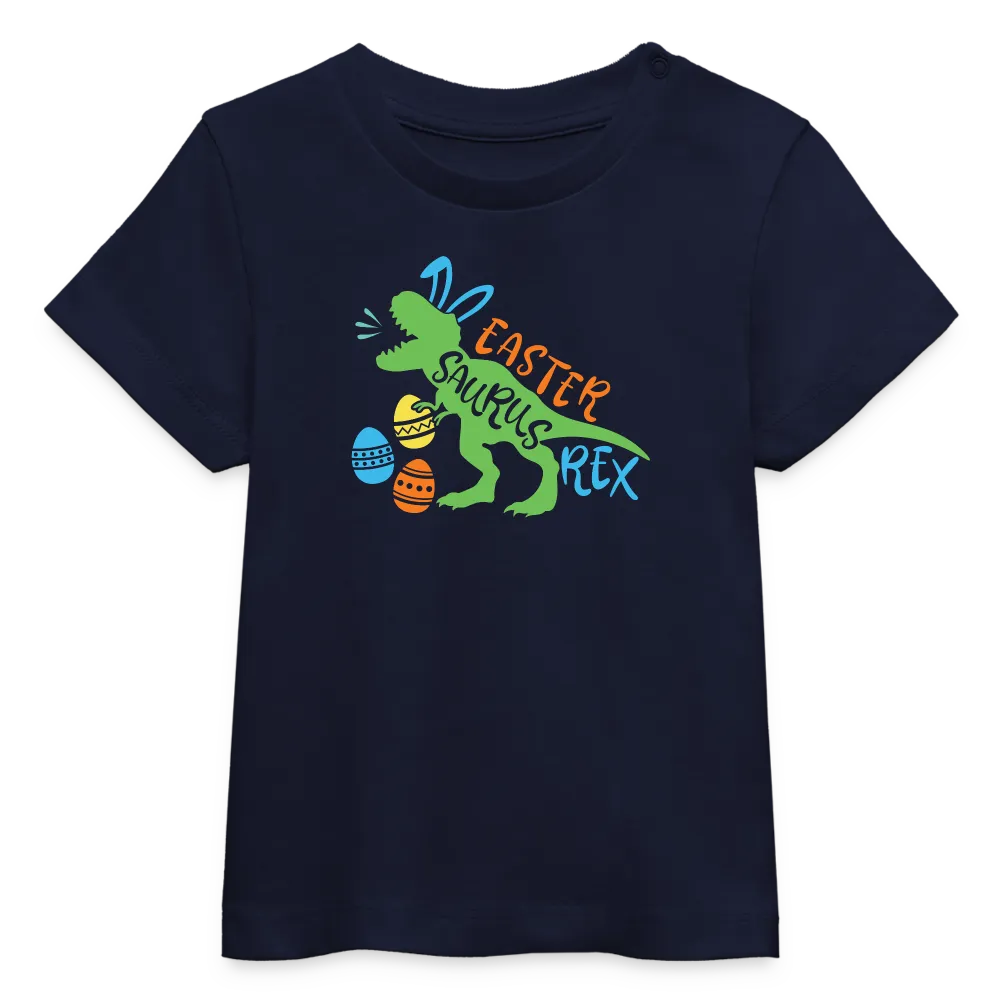 Baby Bio-T-Shirt mit Dinosaurier, Ostereier und Osterhasen Ohren - Jungen Shirt für Ostern mit Spruch "Easter Saurus Rex" - Motiv, Text, Farbe und Produkt einfach änderbar - Navy