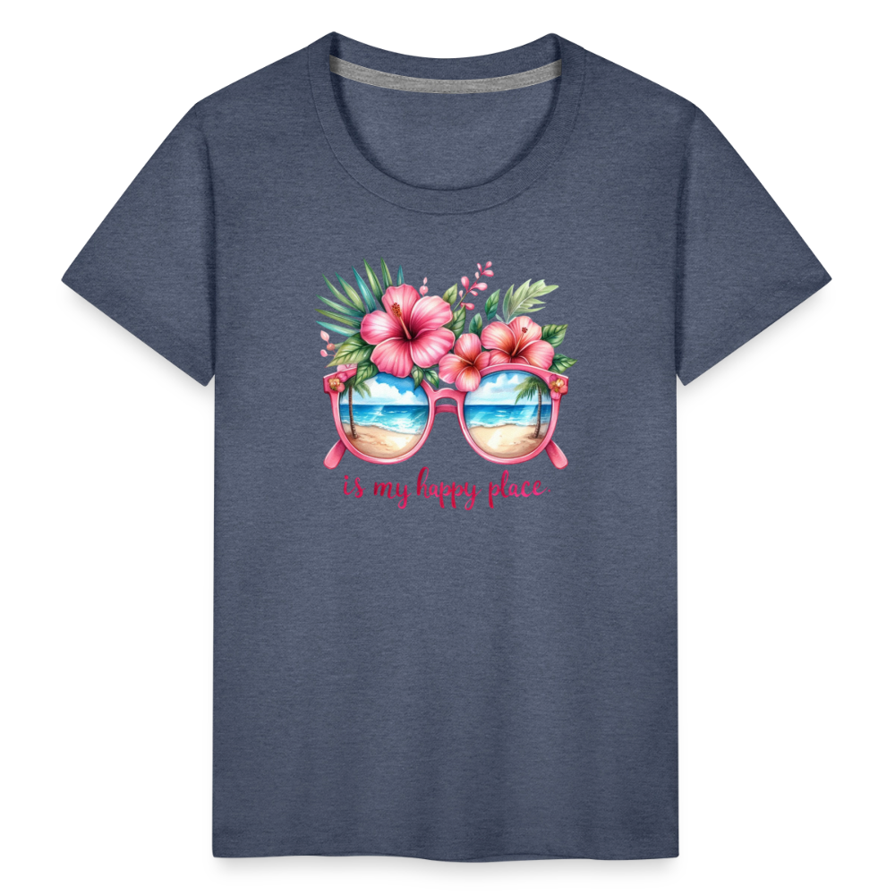 Personalisiertes Kinder / Teenager Premium T-Shirt mit sommerlichem Motiv "Sonnenbrille mit Blumen" oder Wunschmotiv – fair produziert & nachhaltig - 100% Baumwolle - Größe 146/152 und 158/164 - Blau meliert