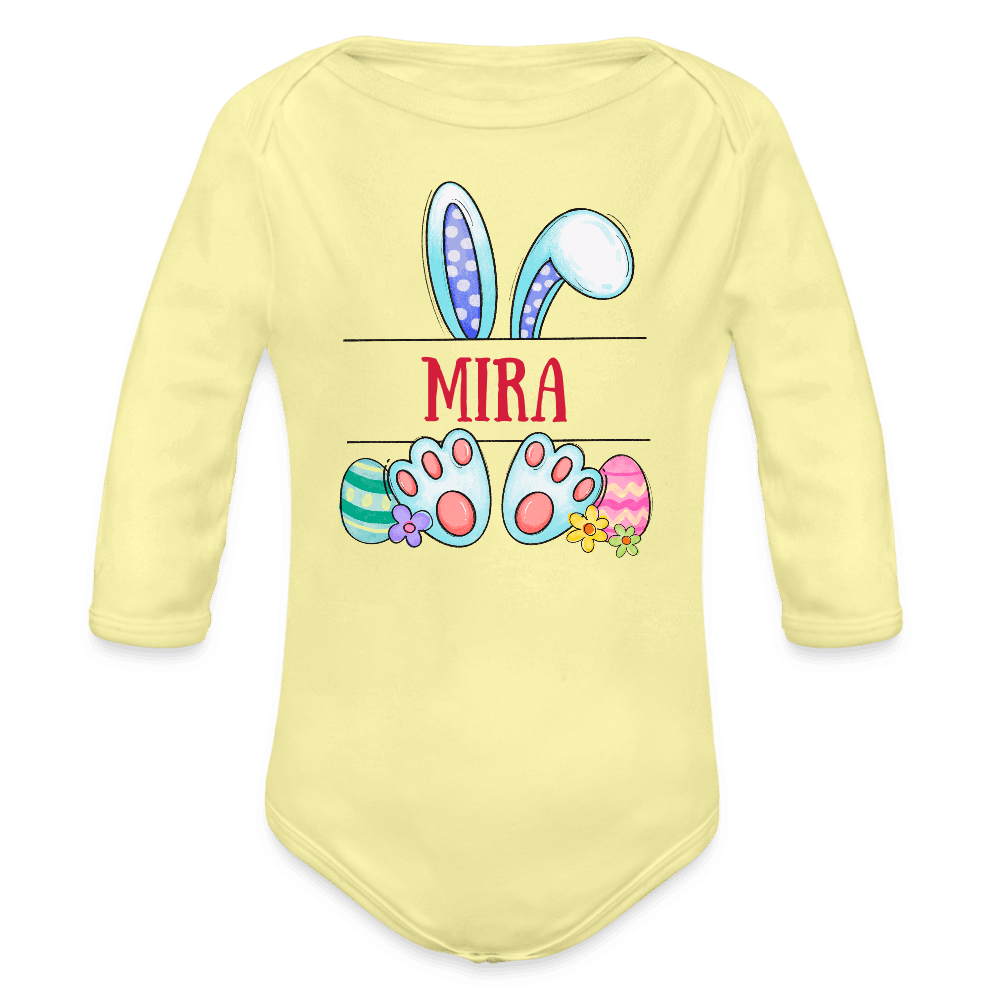 happy-prints.eu - Personalisierter Baby Bio-Langarm-Body für Mädchen - süßer bunter Osterhase Ostereier und Blumen mit Name zum Eintragen