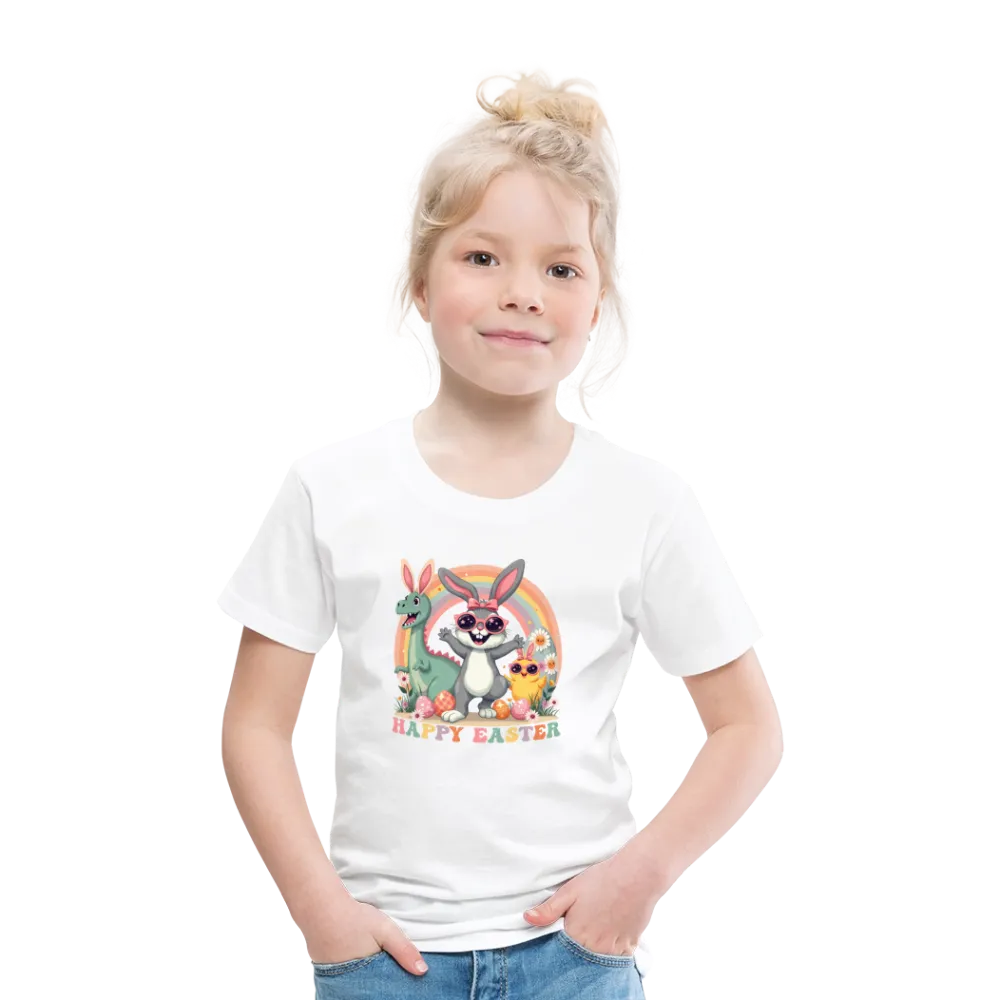 Personalisiertes Retro Frohe Ostern Kinder T-Shirt mit Osterhase Dinosaurier und Küken mit Ostereier und Spruch "Happy Easter" - Motiv, Produkt, Text und eigene Bilder easy anpassbar - viele Farben und Größen (bis Größe 140 bzw. 8 Jahre) -