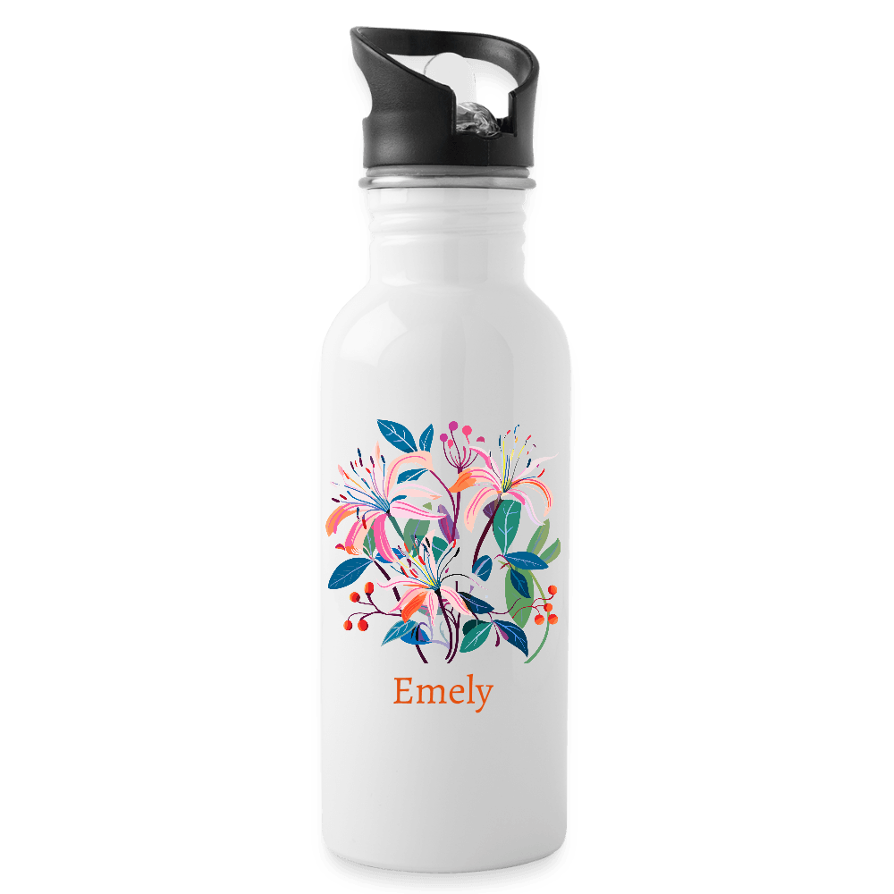 happy-prints.eu - Personalisierte Edelstahl Trinkflasche mit Name und Blumen - Lilie ist die Geburtsblume im Juni - Motiv, Text und Produkt einfach änderbar