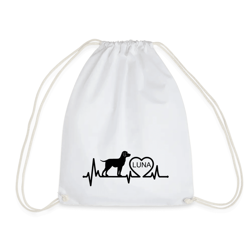happy-prints.eu - Personalisierter Turnbeutel mit Hund, Herz und Herschschlaglinie - Text, Bild, Motiv und Farbe individualisierbar
