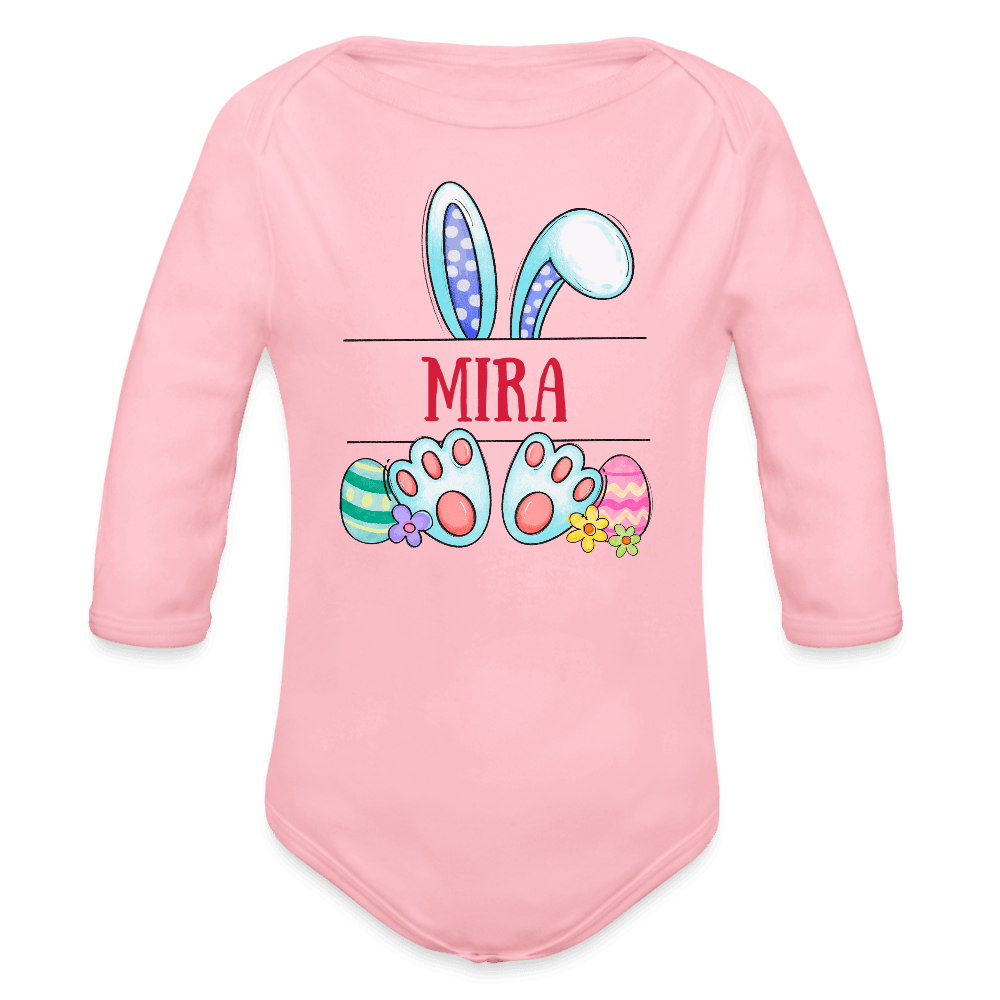 happy-prints.eu - Personalisierter Baby Bio-Langarm-Body für Mädchen - süßer bunter Osterhase Ostereier und Blumen mit Name zum Eintragen