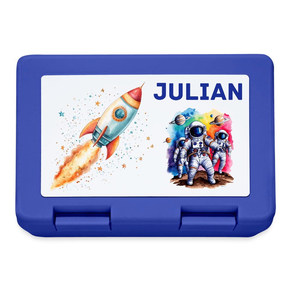 happy-prints.eu - Personalisierte Brotdose / Aufbewahrungsbox mit Astronauten Motiv mit Rakete und Name - Text und Motiv ist easy änderbar