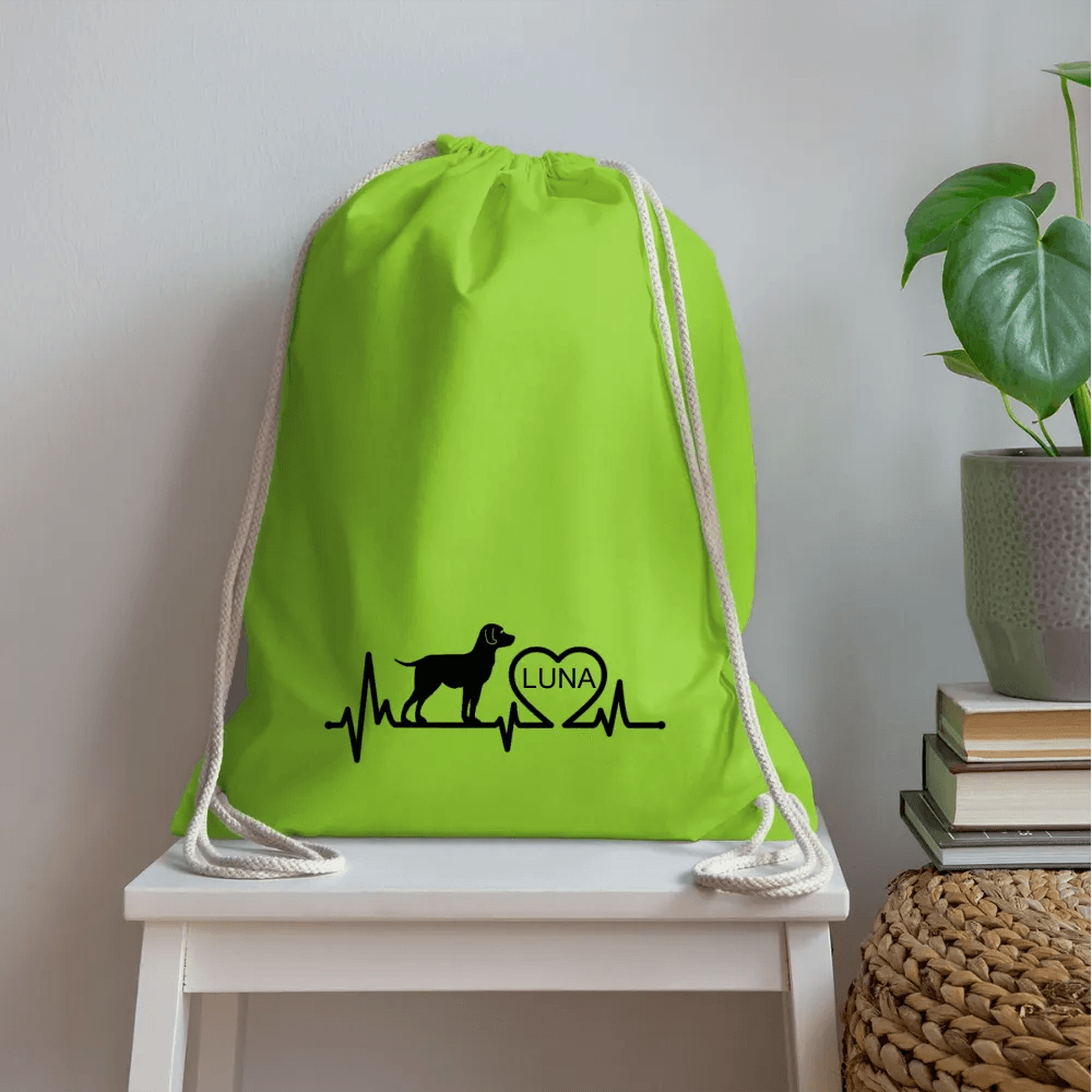 happy-prints.eu - Personalisierter Turnbeutel mit Hund, Herz und Herschschlaglinie - Text, Bild, Motiv und Farbe individualisierbar