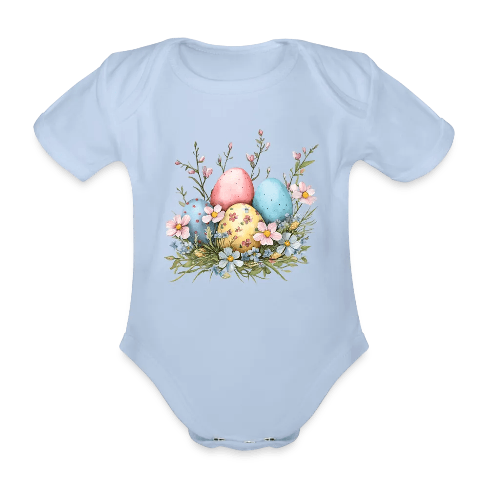 happy-prints.eu - Personalisierter Baby Bio-Kurzarm-Body für Mädchen mit Osternest mit Ostereier und Blumen - Babybody für Ostern - in vielen Farben und Größen - Motiv und Text individualisierbar