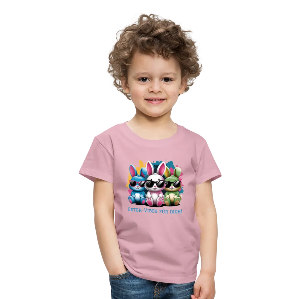 Personalisiertes Frohe Ostern Kinder T-Shirt mit Osterhasen mit Sonnenbrille und Spruch "Oster-Vibes für Dich" - Motiv, Produkt, Text und eigene Bilder easy anpassbar - viele Farben und Größen (bis Größe 140 bzw. 8 Jahre) -
