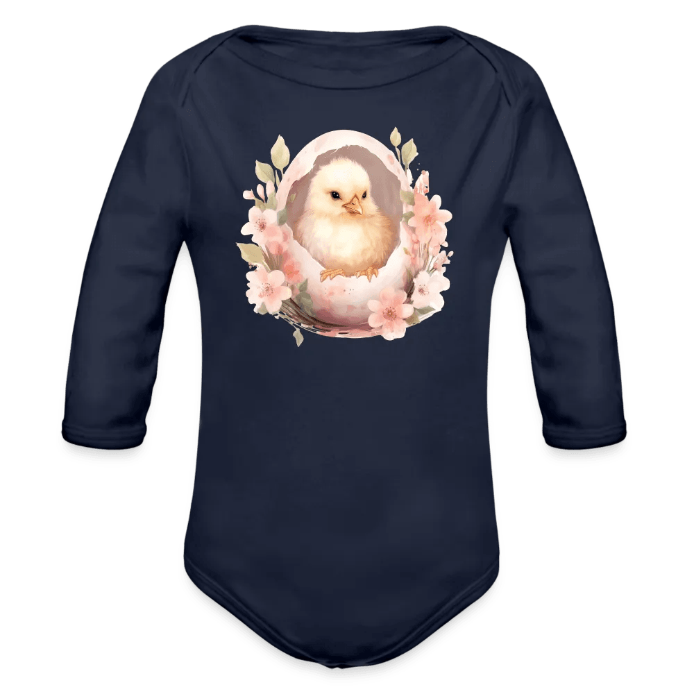 happy-prints.eu - Personalisierter Baby Bio-Langarm-Body für Ostern - niedliches Küken in der Eierschale - Motiv, Produkt, Text und eigenes Foto ist easy änderbar - in vielen Farben und Größen bis Größe 80 bzw. 12 Monate