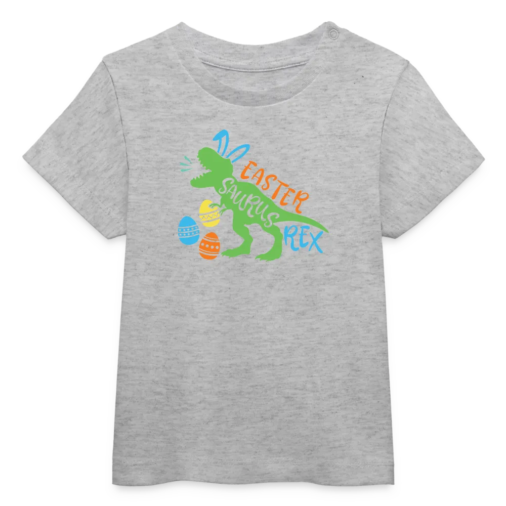 Baby Bio-T-Shirt mit Dinosaurier, Ostereier und Osterhasen Ohren - Jungen Shirt für Ostern mit Spruch "Easter Saurus Rex" - Motiv, Text, Farbe und Produkt einfach änderbar - Grau meliert
