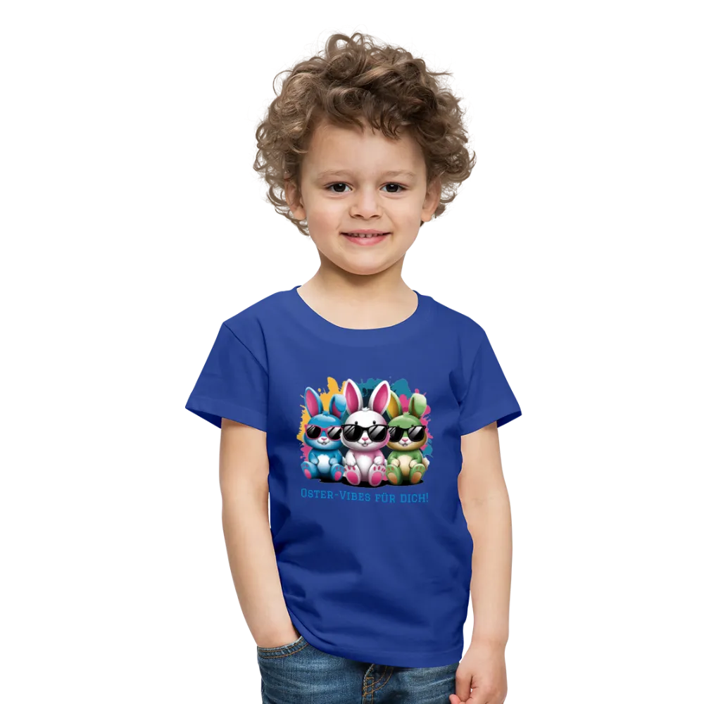 Personalisiertes Frohe Ostern Kinder T-Shirt mit Osterhasen mit Sonnenbrille und Spruch "Oster-Vibes für Dich" - Motiv, Produkt, Text und eigene Bilder easy anpassbar - viele Farben und Größen (bis Größe 140 bzw. 8 Jahre) -