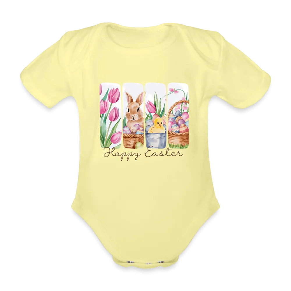 happy-prints.eu - Personalisierter Baby Bio-Kurzarm-Body für Mädchen mit Osterhasen, Kücken, Tulpen und Ostereier - Babybody für Ostern - in vielen Farben und Größen - Motiv und Text individualisierbar