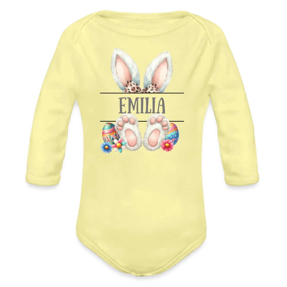 happy-prints.eu - Personalisierter Baby Bio-Langarm-Body für Ostern - Frohe Ostern Body mit Osterhasen Ohren, Ostereier und Name - niedlicher Print für Mädchen - Name, Motiv und Produkt sind leicht änderbar - in vielen Farben und Größen bis Größe 80 bzw. 12 Monate