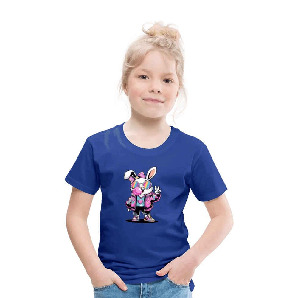 happy-prints.eu - Personalisiertes Frohe Ostern Kinder T-Shirt mit Osterhase mit Sonnenbrille, Masche und Kaugummi - niedlicher Mädchen Bunny - Motiv, Produkt, Text und eigene Bilder easy anpassbar - in vielen Farben und Größen (bis Größe 140 bzw. 8 Jahre)