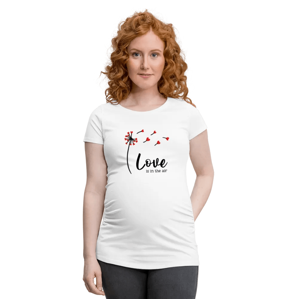 happy-prints.eu - Personalisiertes weißes Schwangerschafts-T-Shirt für Frauen mit Pusteblume und Spruch - Love is in the air - Print Shirts für werdende Mama - Motiv und Text individualisierbar - auch in großen Größen für jede Mutter