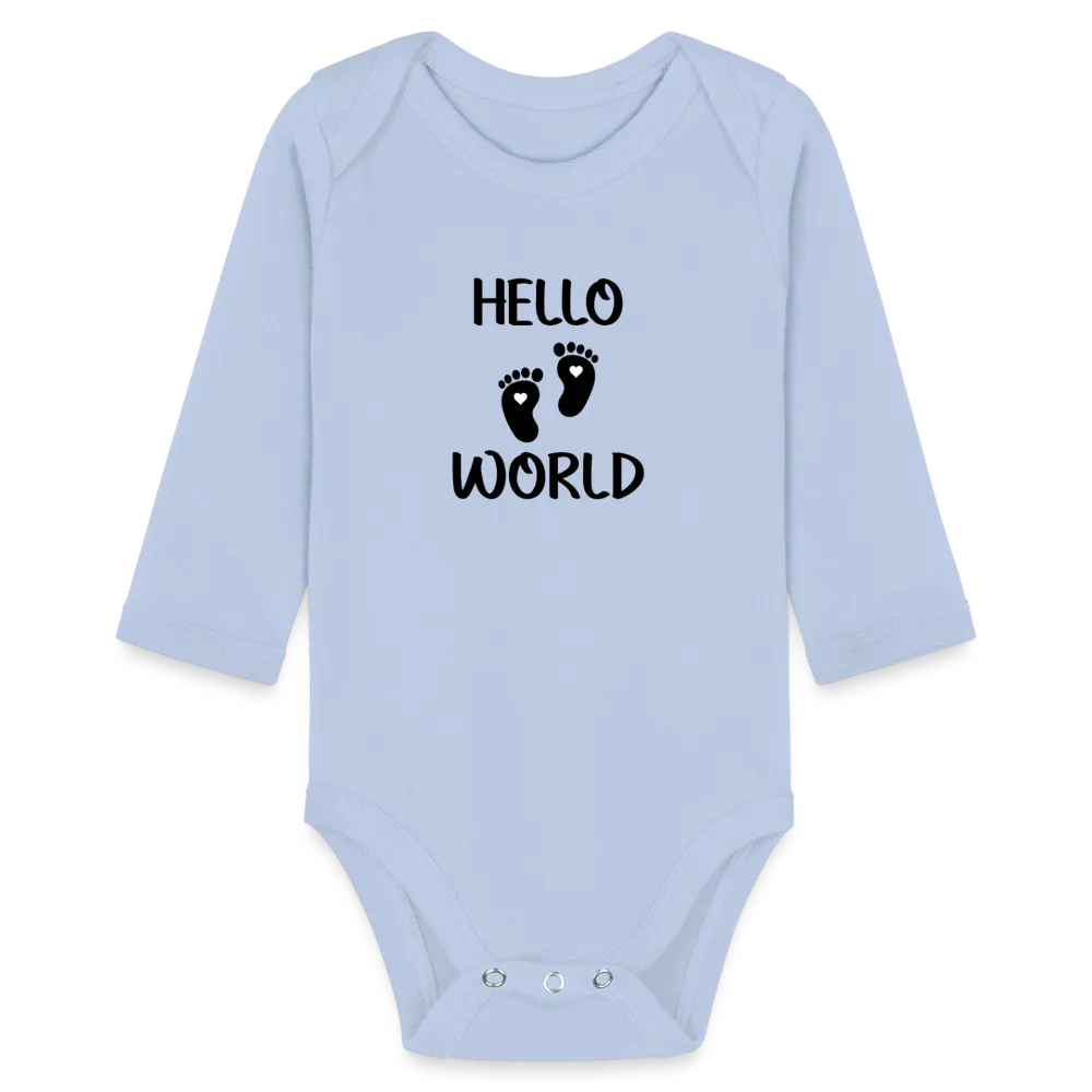 Personalisierter Unisex Baby Bio-Langarm-Body mit Babyfüßen und Spruch "Hello World" - 100% Bio Baumwolle - bis Größe 80 bzw. 12 Monate - in vielen Farben und Größen - Bild, Motiv und Text sind individualisierbar -
