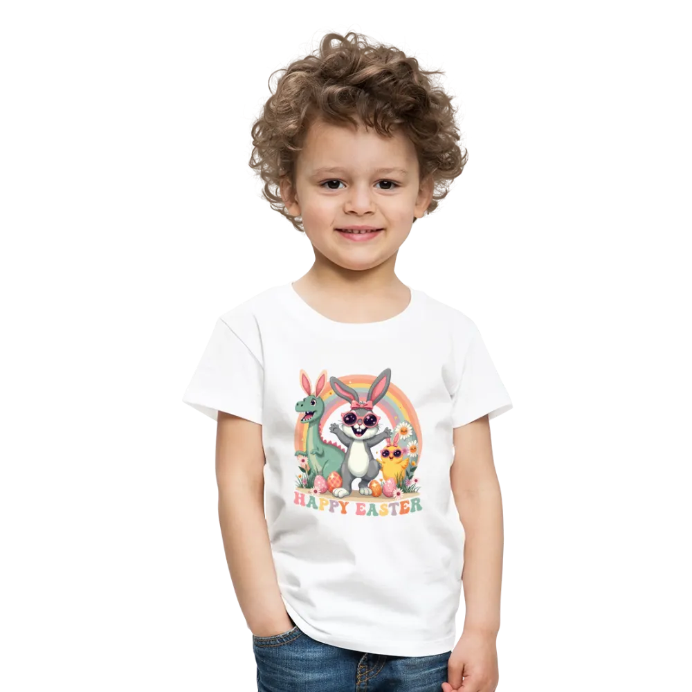 Personalisiertes Retro Frohe Ostern Kinder T-Shirt mit Osterhase Dinosaurier und Küken mit Ostereier und Spruch "Happy Easter" - Motiv, Produkt, Text und eigene Bilder easy anpassbar - viele Farben und Größen (bis Größe 140 bzw. 8 Jahre) -