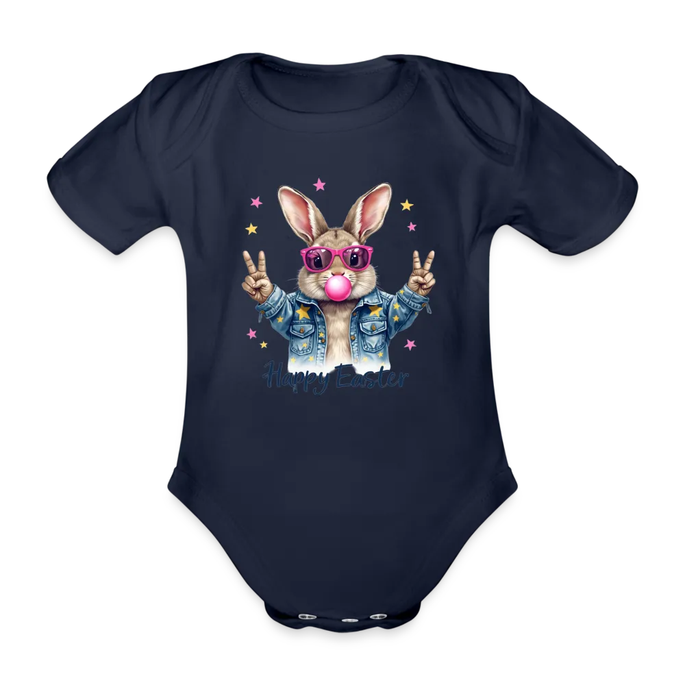 Personalisierter Baby Bio-Kurzarm-Body für Mädchen und Jungen mit Osterhasen, Kaugummi und Sterne sowie "Happy Easter" - Babybody für Ostern - in vielen Farben und Größen - Motiv und Text individualisierbar - Dunkelnavy