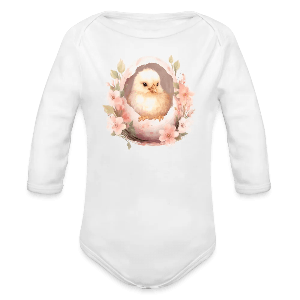 happy-prints.eu - Personalisierter Baby Bio-Langarm-Body für Ostern - niedliches Küken in der Eierschale - Motiv, Produkt, Text und eigenes Foto ist easy änderbar - in vielen Farben und Größen bis Größe 80 bzw. 12 Monate