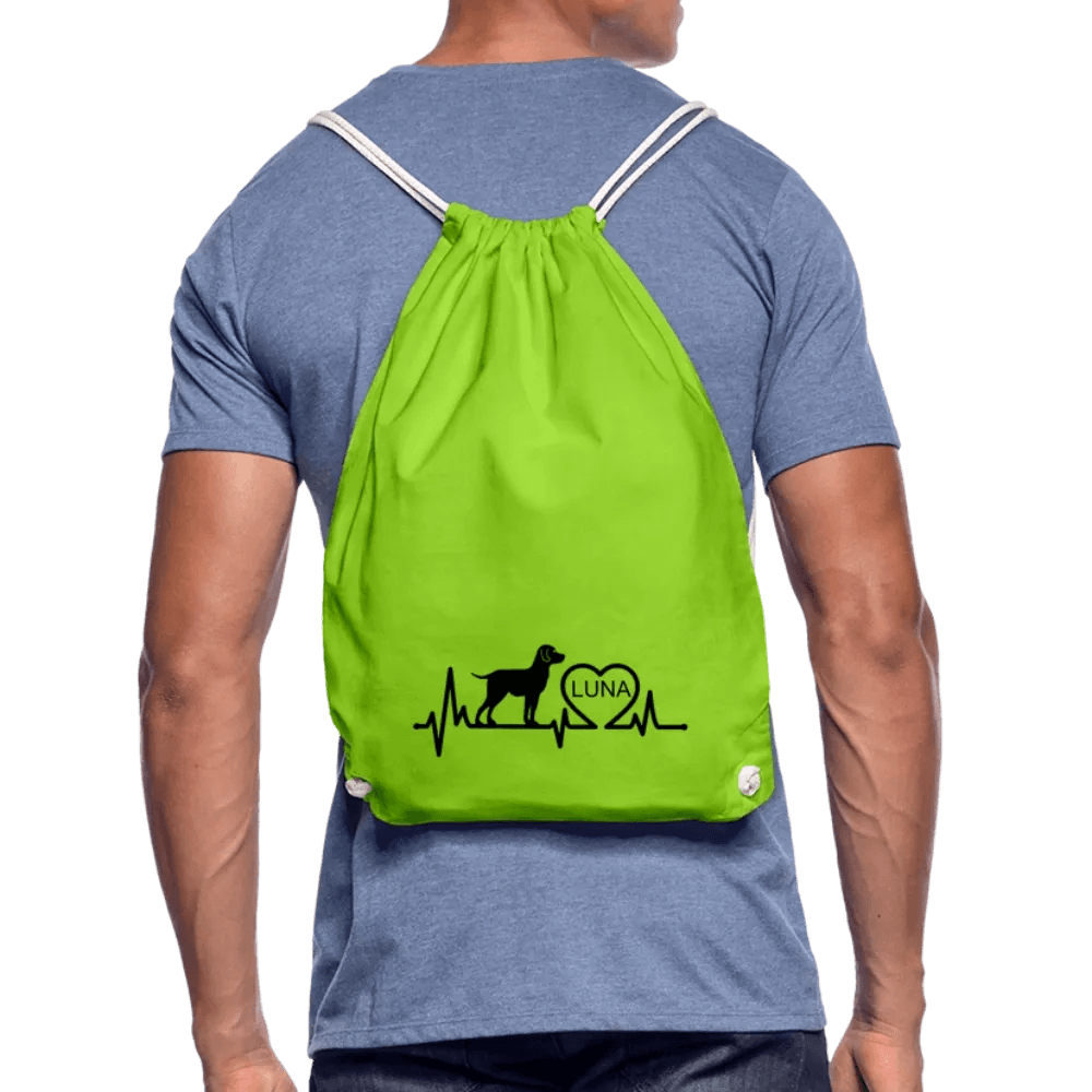 happy-prints.eu - Personalisierter Turnbeutel mit Hund, Herz und Herschschlaglinie - Text, Bild, Motiv und Farbe individualisierbar