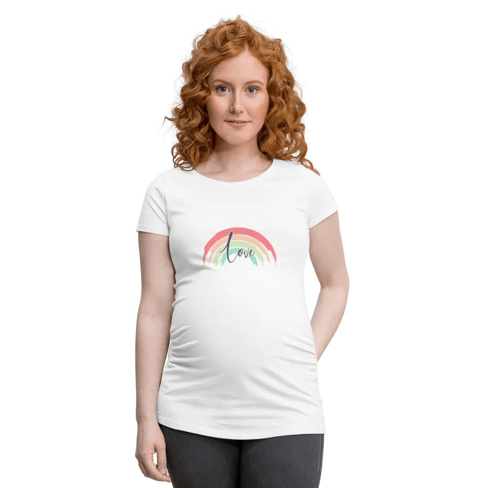 happy-prints.eu - Personalisiertes weißes Schwangerschaft T-Shirt für Frauen mit Regenbogen und Love - Print Shirts für werdende Mama in vielen Größen - Motiv und Text änderbar