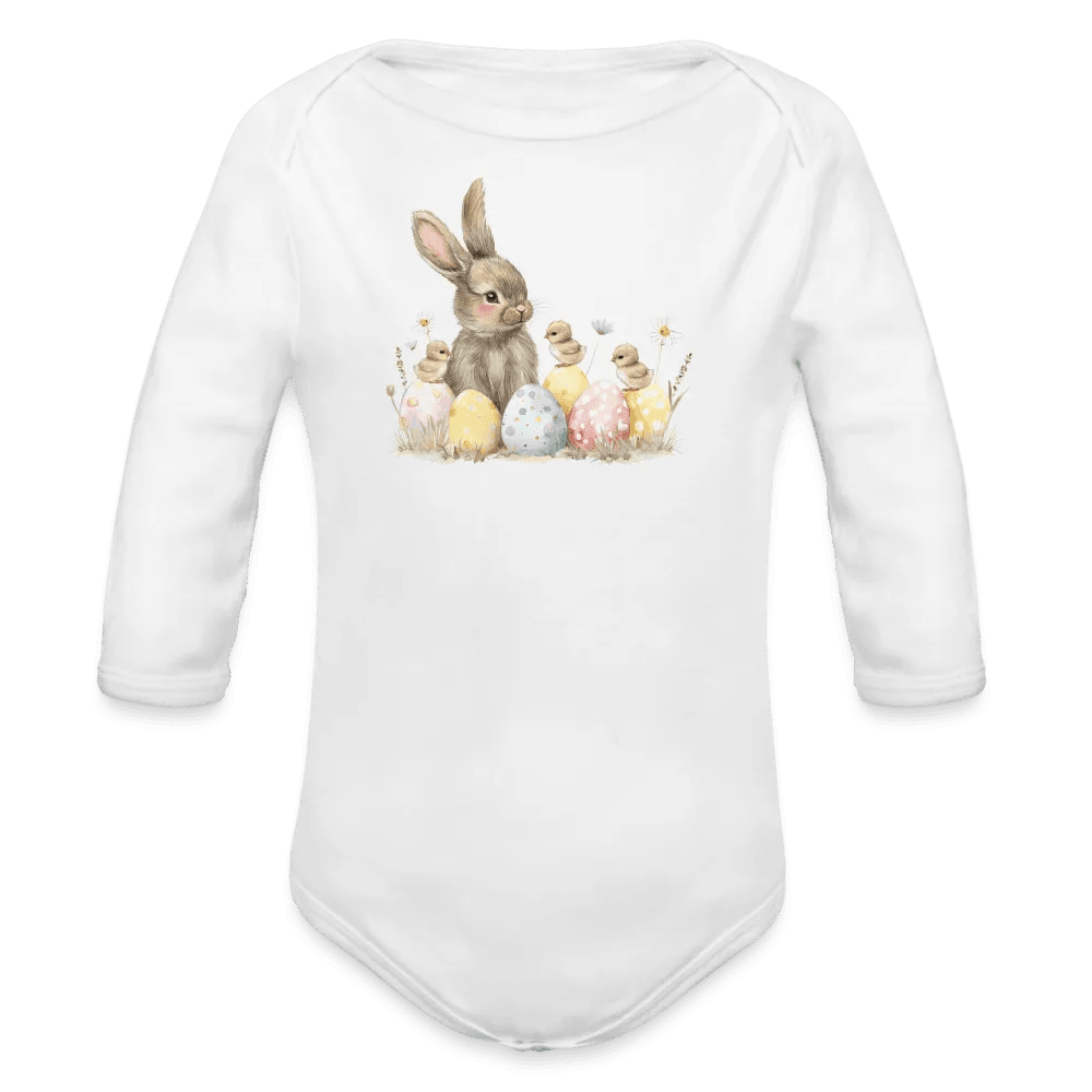 happy-prints.eu - Personalisierter Baby Bio-Langarm-Body für Ostern - Frohe Ostern Body mit Osterhase, Ostereier und Küken - niedlicher Print für Mädchen - Motiv, Produkt, Text und eigenes Foto ist easy änderbar - in vielen Farben und Größen bis Größe 80 bzw. 12 Monate