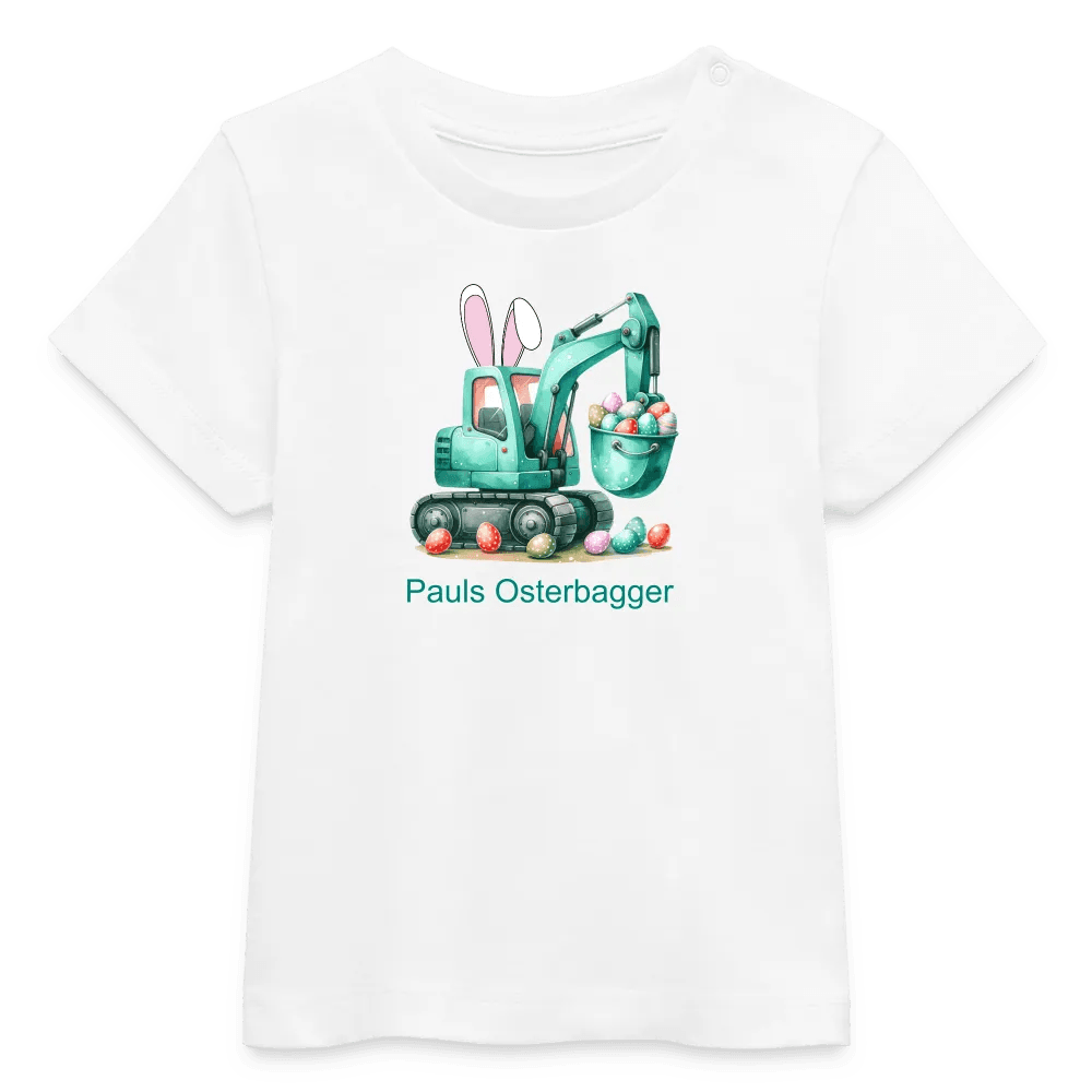 happy-prints.eu - Baby Bio-T-Shirt mit Bagger, Ostereier und Osterhasen Ohren - Jungen Shirt für Ostern bis ca. 3 Jahre - Motiv, Text, Farbe und Produkt einfach änderbar